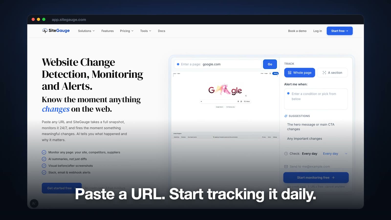 SiteGauge dashboard: paste a URL and start tracking it